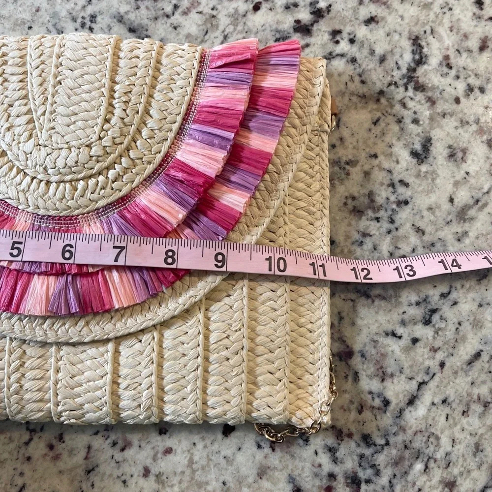 Urban Expressions Straw‎ Clutch Women OS Cream Pink Boho Raffia Fringe Crossbody